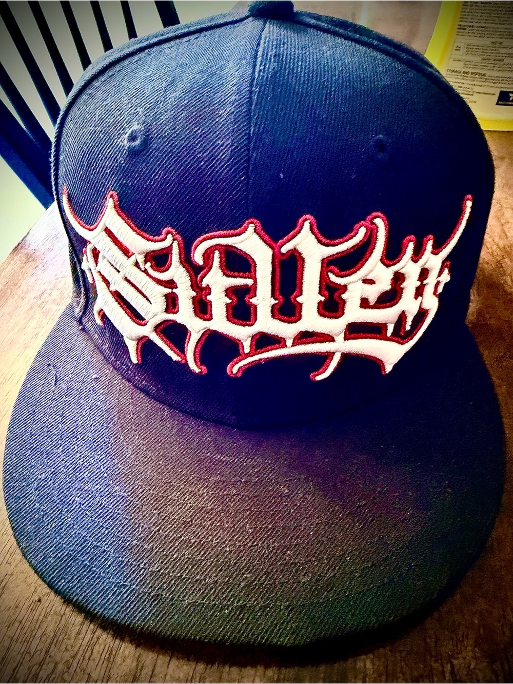 Men's Black Snapback Cap with White & Red Embroidered Script